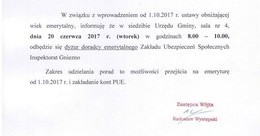 Ilustracja: Informacja o dyżurze pracownika ZUS w Urzędzie Gminy w Kiszkowie
